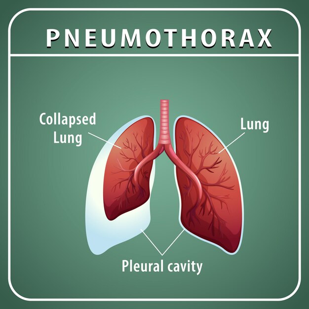 Diagrama de neumotórax con pulmón colapsado y pulmón normal