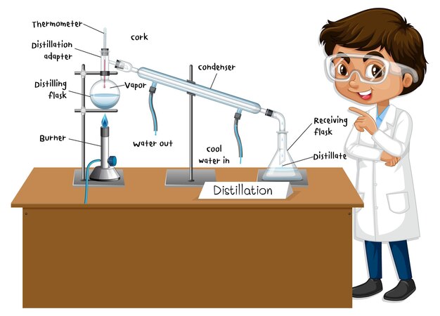 Vector gratuito diagrama del proceso de destilación para la educación con carácter científico.