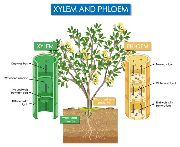 Diagrama que muestra la planta de xilema y floema