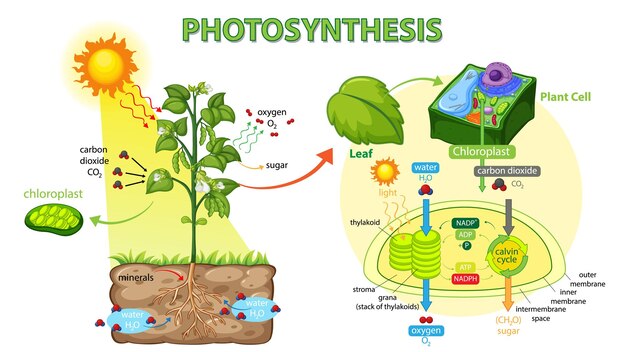 Diagrama que muestra el proceso de fotosíntesis en planta.