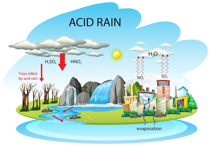 Vector gratuito diagrama que muestra la vía de la lluvia ácida sobre fondo blanco.