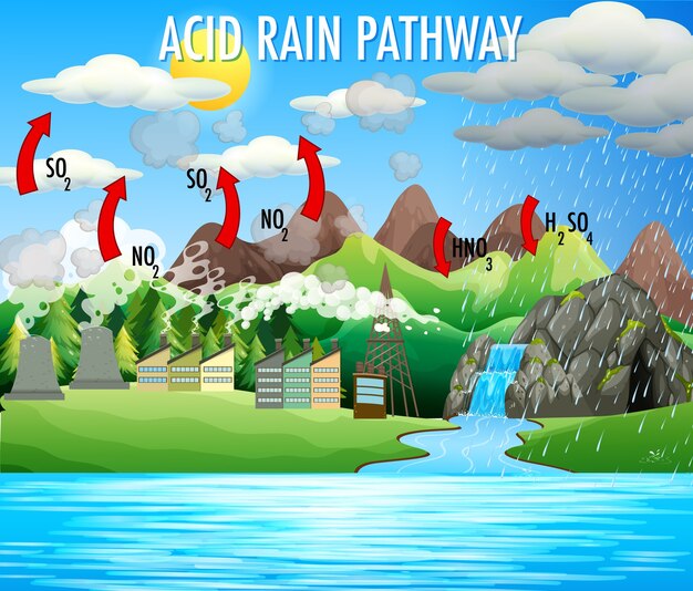 Diagrama que muestra la vía de la lluvia ácida