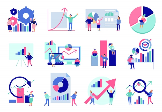 Diagramas de análisis de datos resultados gráficos herramientas de análisis de presentación técnicas técnicas toma de decisiones colección de iconos planos aislado