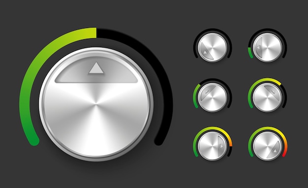 Vector gratuito diales de ajuste de cromo redondos realistas en diferentes configuraciones aisladas en la ilustración de vector de fondo negro