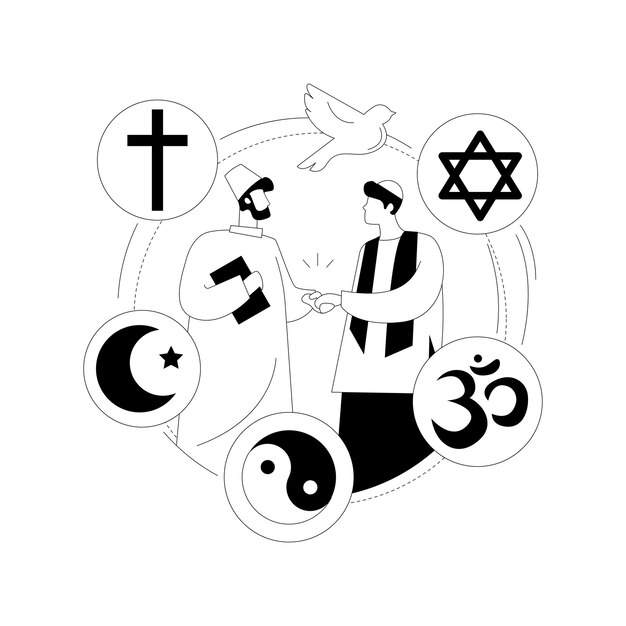 Diálogo interreligioso concepto abstracto ilustración vectorial Diferentes tradiciones símbolo religioso miembros interacción iglesia ortodoxa apretón de manos papa cristiano conferencia metáfora abstracta