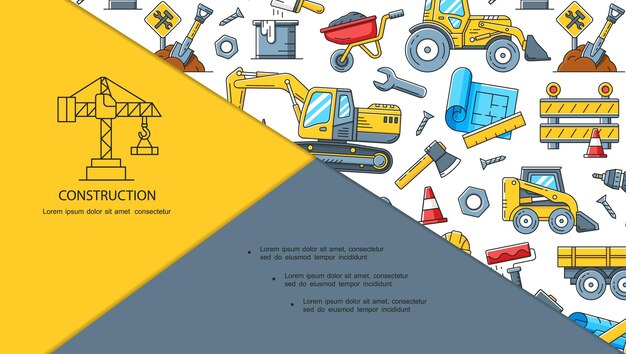 Diapositiva de composición de construcción colorida lineal con diferentes vehículos, carro, pala, hacha, regla, rodillo, cepillo, tornillos, llave, constructor, casco, taladro, cono de tráfico