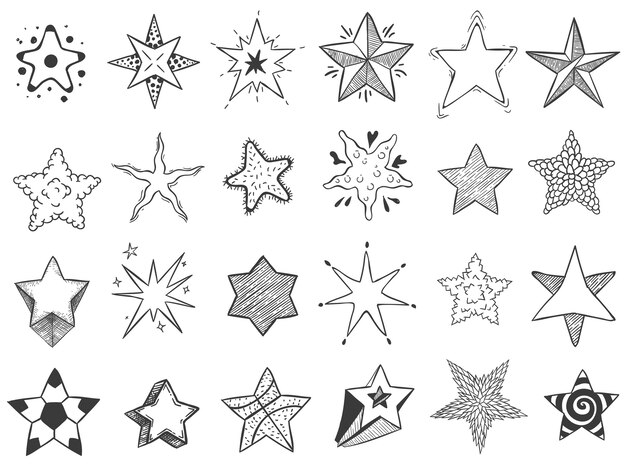 Dibuja estrellas. Doodle forma de estrella, lindo starburst dibujado a mano y estrellas de calificación