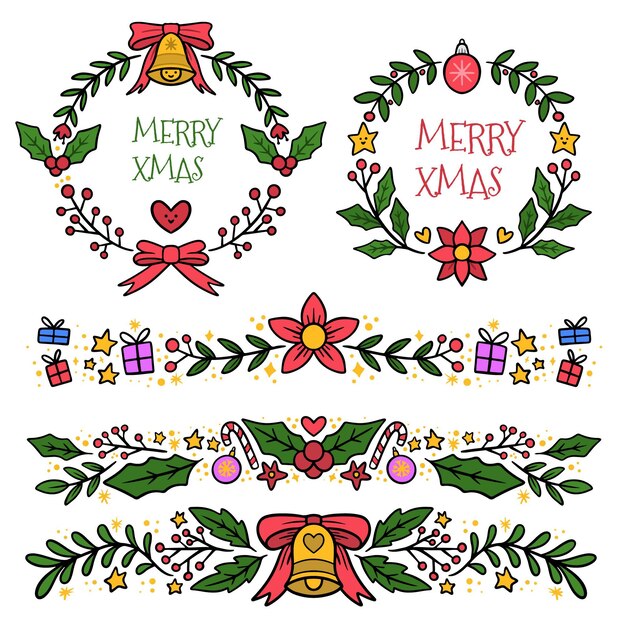 Dibujado conjunto de elementos decorativos navideños