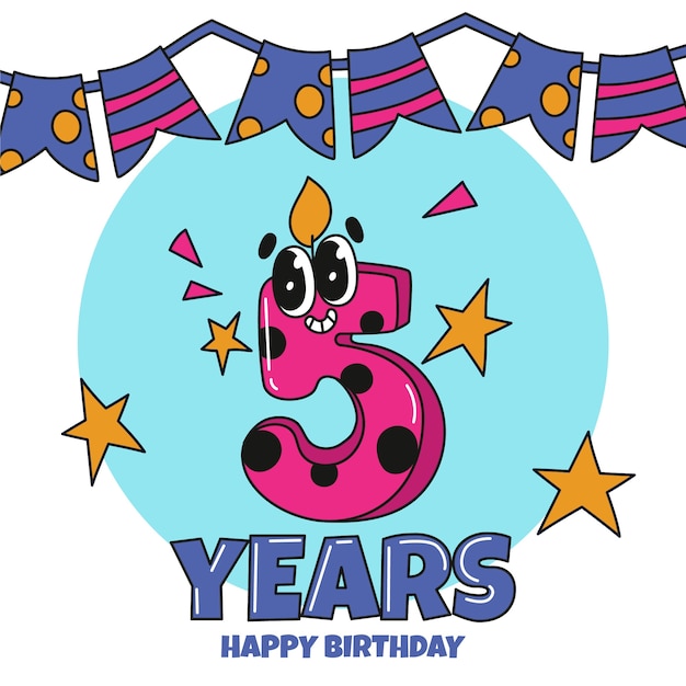 Dibujado a mano 5 años de aniversario o cumpleaños.