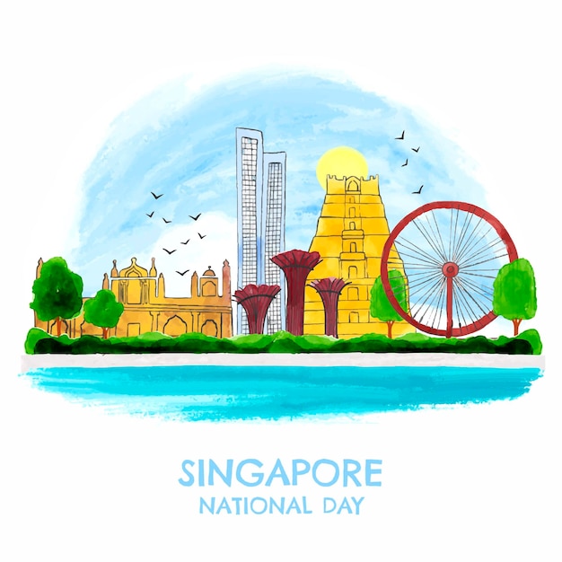 Vector gratuito dibujado a mano acuarela ilustración del día nacional de singapur