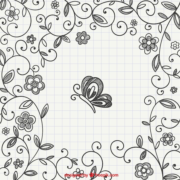 Dibujado a mano adornos florales con mariposa