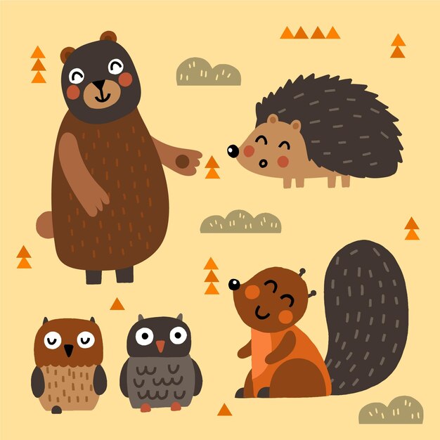 Dibujado a mano animales del bosque otoñal