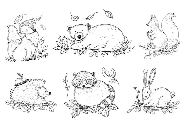 Vector gratuito dibujado a mano animales del bosque otoñal