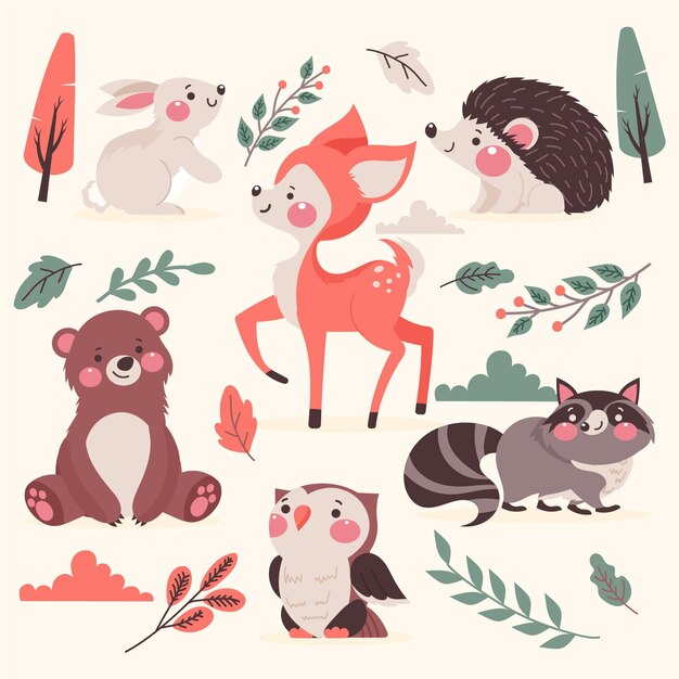 Dibujado a mano animales del bosque otoñal