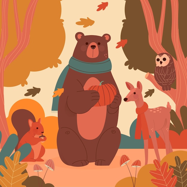 Dibujado a mano animales del bosque otoñal