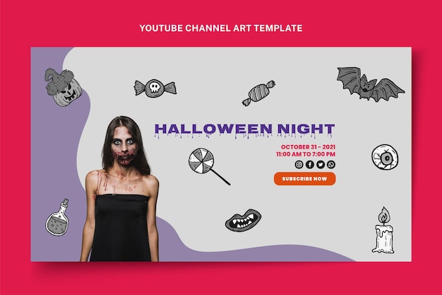 Vector gratuito dibujado a mano arte del canal de youtube de halloween