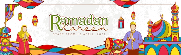 Dibujado a mano banner de venta de ramadán kareem con coloridos adornos islámicos en textura grunge