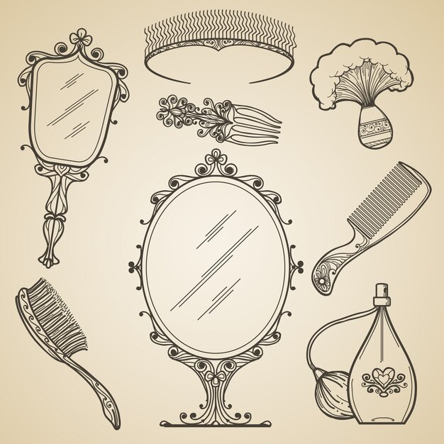 Dibujado a mano belleza vintage y artículos de maquillaje retro. Espejo de bosquejo y garabato de moda. Iconos de vector de maquillaje retro belleza vintage