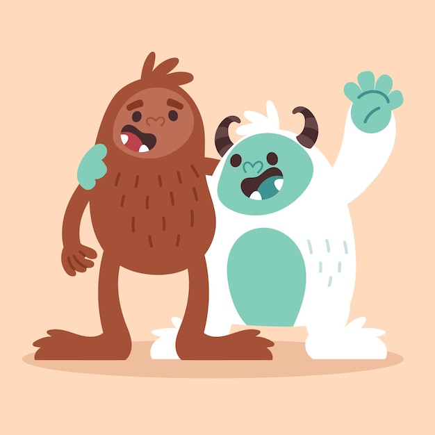 Dibujado a mano bigfoot sasquatch y yeti adominable ilustración de muñeco de nieve