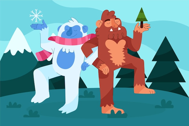 Dibujado a mano bigfoot sasquatch y yeti adominable ilustración de muñeco de nieve