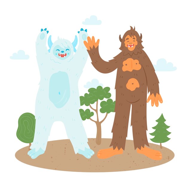 Dibujado a mano bigfoot sasquatch y yeti adominable ilustración de muñeco de nieve