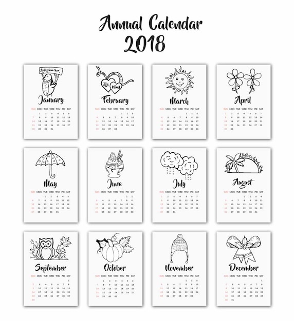 Vector gratuito dibujado a mano blanco y negro calendario estacional 2018