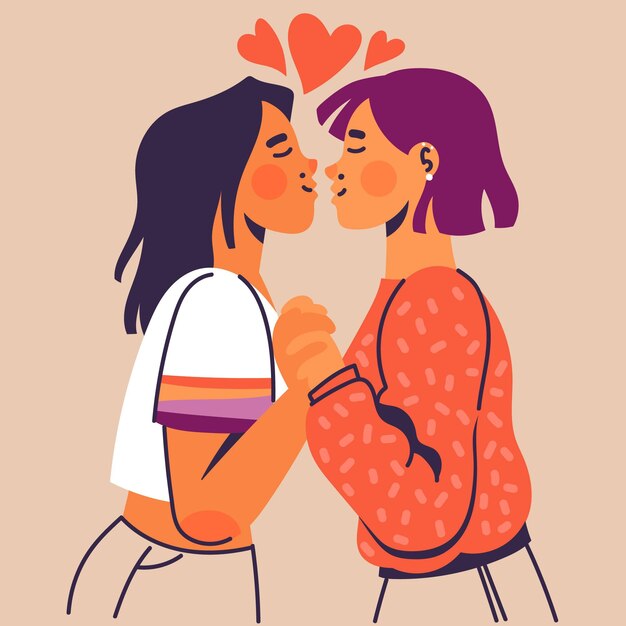 Dibujado a mano cariñoso beso lésbico