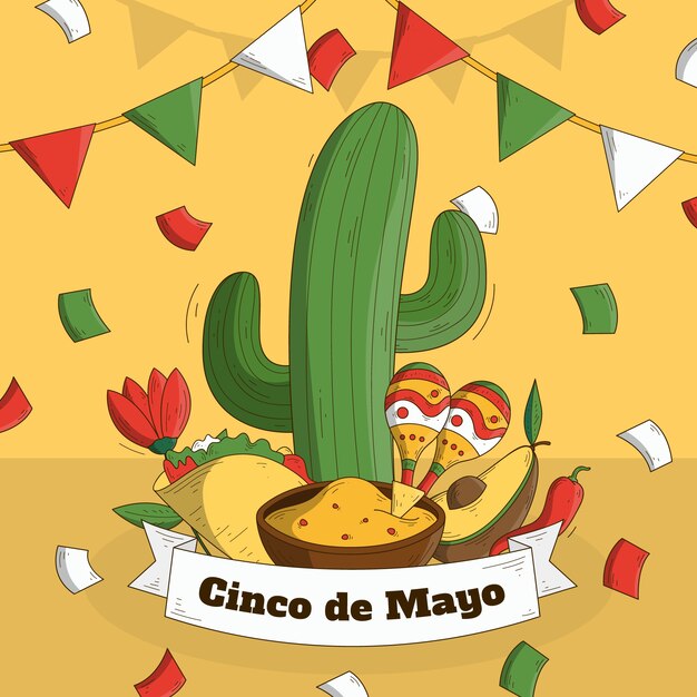 Dibujado a mano cinco de mayo cactus y maracas