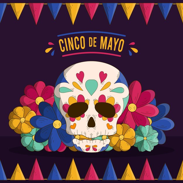 Dibujado a mano cinco de mayo cráneo y flores