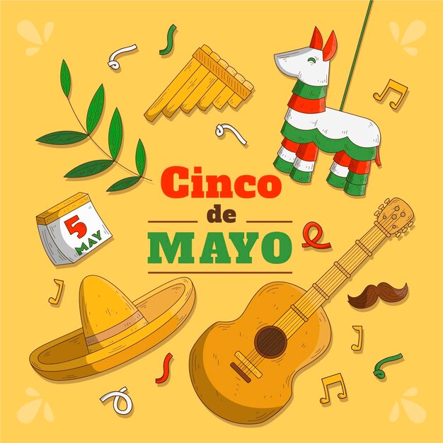 Dibujado a mano cinco de mayo guitarra y piñata