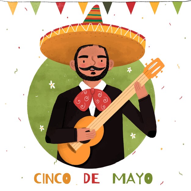 Dibujado a mano cinco de mayo hombre y guitarra