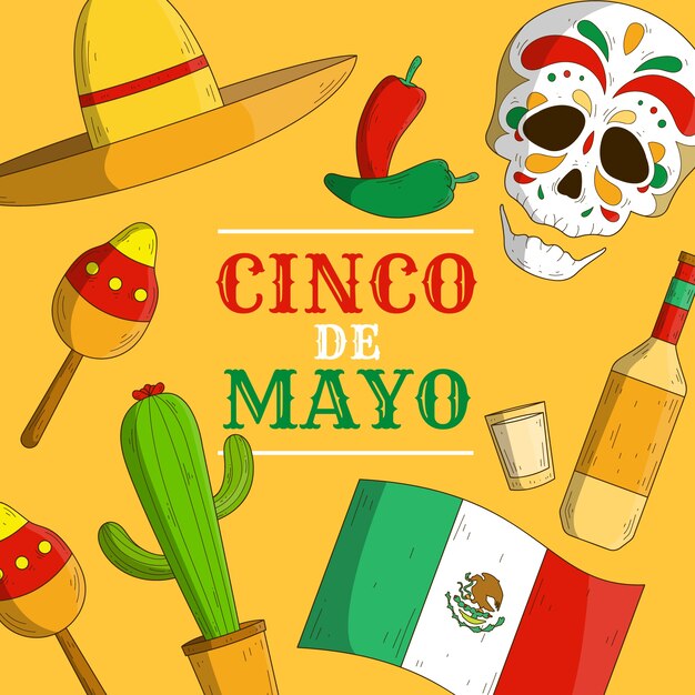 Dibujado a mano cinco de mayo objetos tradicionales y bandera