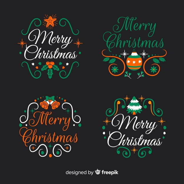 Dibujado a mano colección de etiquetas e insignias de Navidad sobre fondo negro
