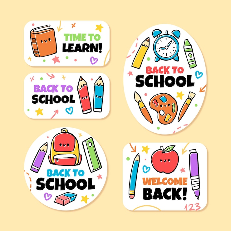Vector gratuito dibujado a mano a la colección de etiquetas de la escuela