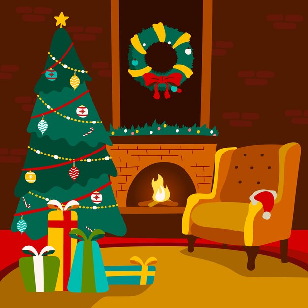 Dibujado a mano colorida escena de chimenea de navidad