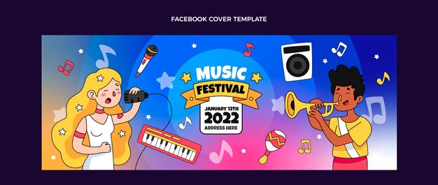 Dibujado a mano colorido festival de música portada de facebook