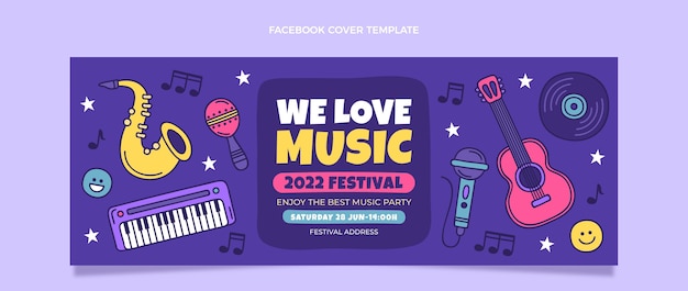 Dibujado a mano colorido festival de música portada de facebook