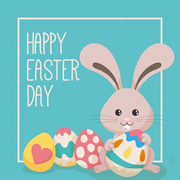 Dibujado a mano conejito de pascua con huevos