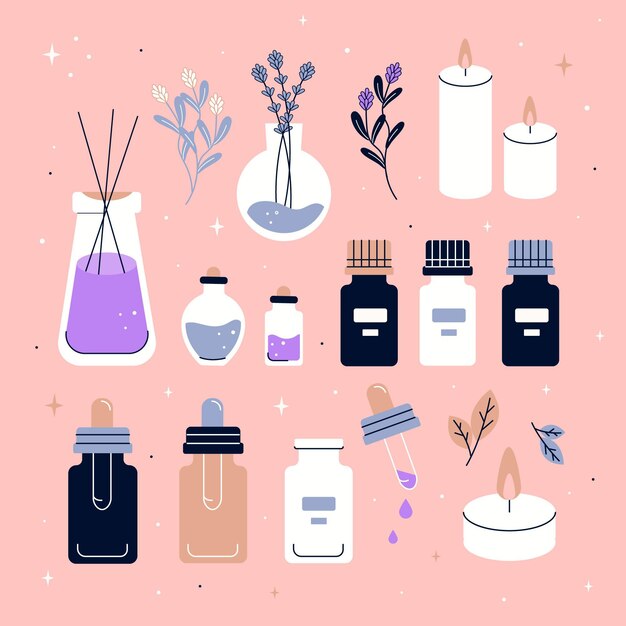 Dibujado a mano conjunto de elementos de aromaterapia