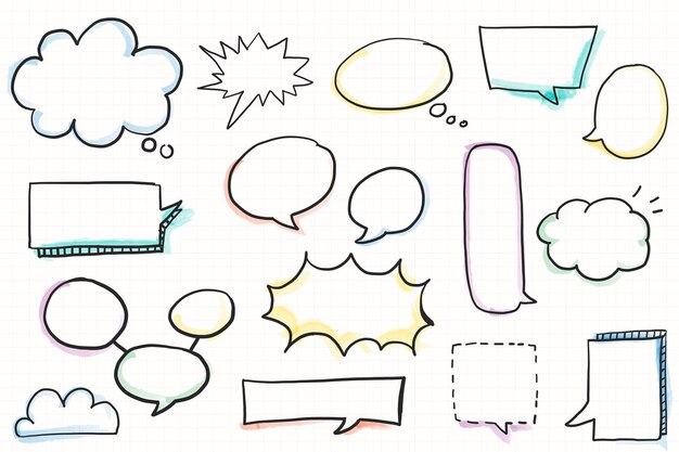 Dibujado a mano conjunto de elementos de doodle de burbujas de discurso