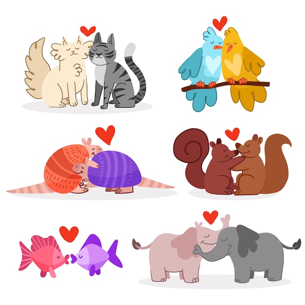 Vector gratuito dibujado a mano conjunto de pareja de animales de san valentín