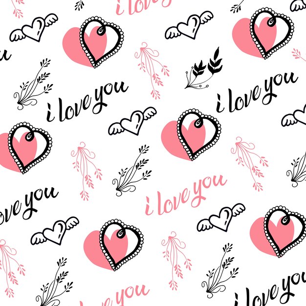 Dibujado a mano corazones de San Valentín y fondo de hojas