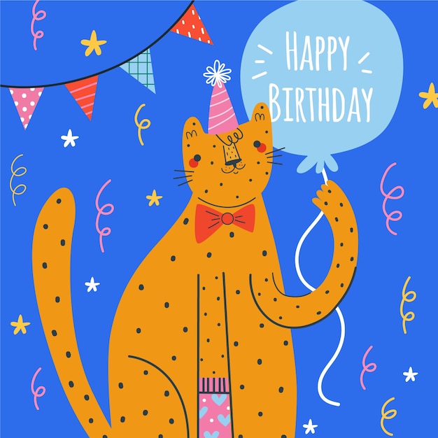 Vector gratuito dibujado a mano cumpleaños fondo naranja gato