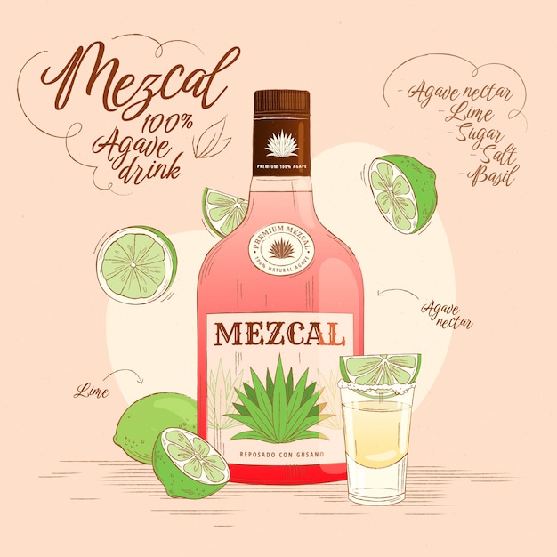 Dibujado a mano deliciosa ilustración de mezcal