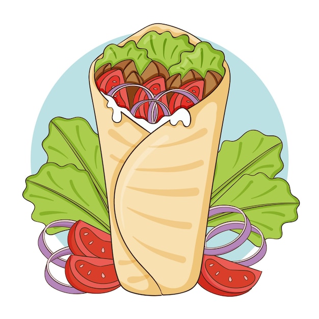 Dibujado a mano deliciosa ilustración de shawarma