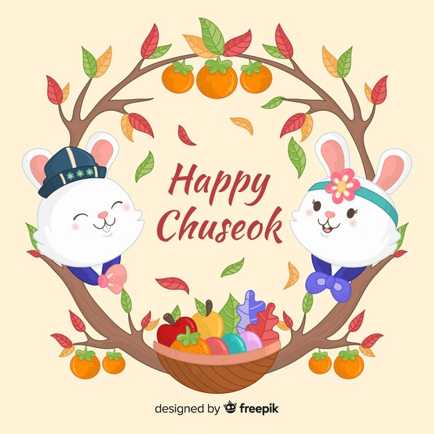 Dibujado a mano día chuseok con conejos