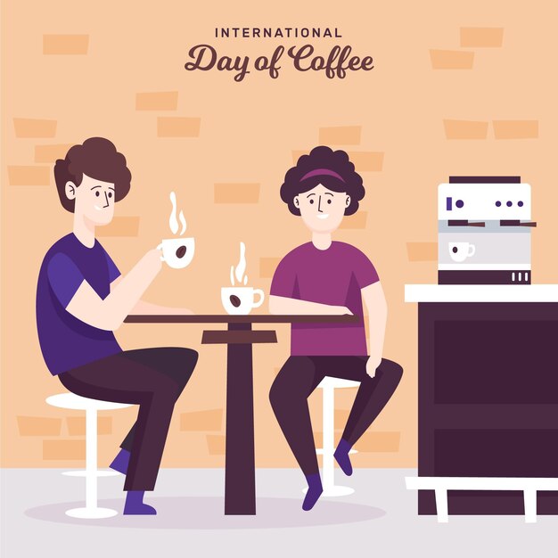 Dibujado a mano día internacional del café con personas.