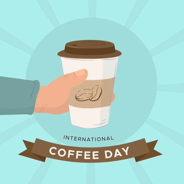Dibujado a mano día internacional del café con taza para llevar