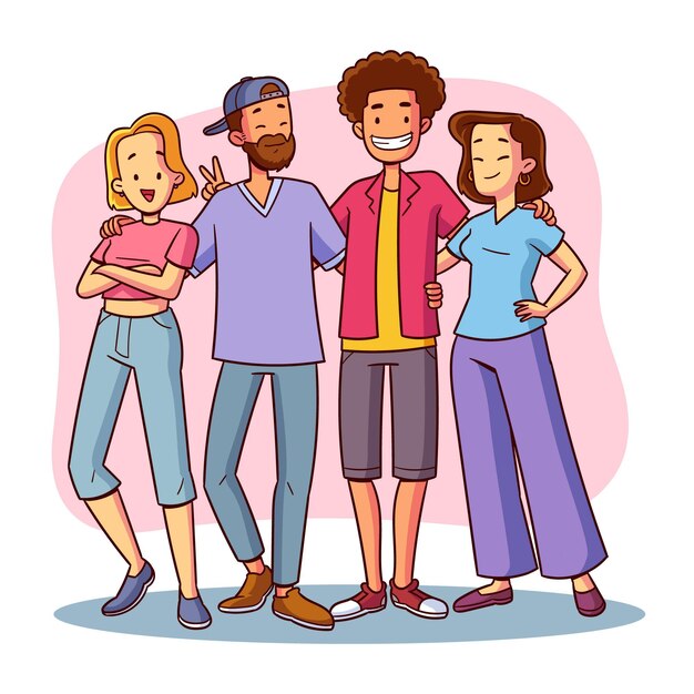 Dibujado a mano día de la juventud - personas abrazándose juntas