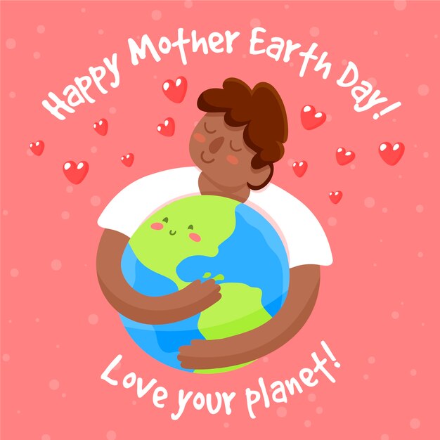 Dibujado a mano el día de la madre tierra con el hombre abrazando el planeta